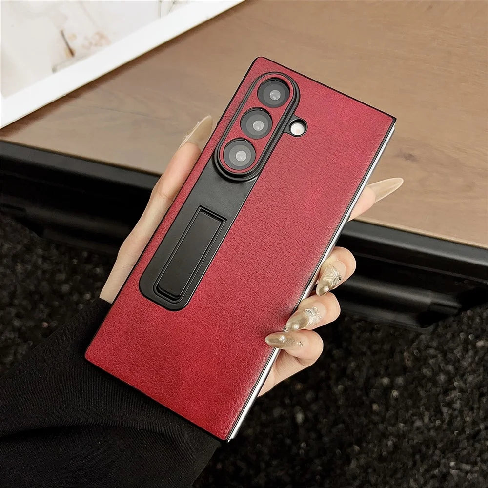For Samsung Galaxy Z Fold7 5G Case Kickstand Crazy Horse Texture PU Leather + PC Phone Cover - Red - 2