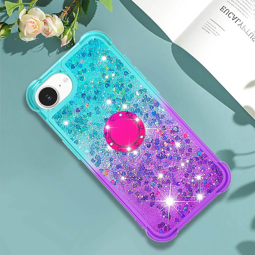 For iPhone 17e / 16e TPU Case with Kickstand Gradiant Quicksand Shockproof Cover - Sky Blue+Purple - 7