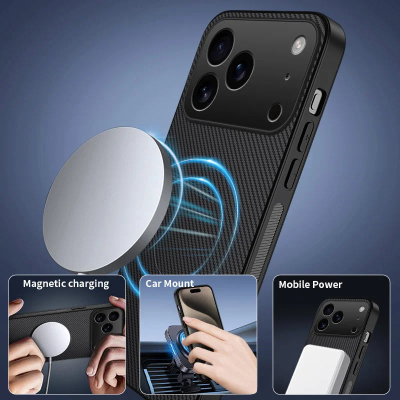 WANLONFENG For iPhone 17 Pro Max Case Compatible with MagSafe  TQ Series Carbon Fiber Texture PC TPU Phone Cover - Black - 4