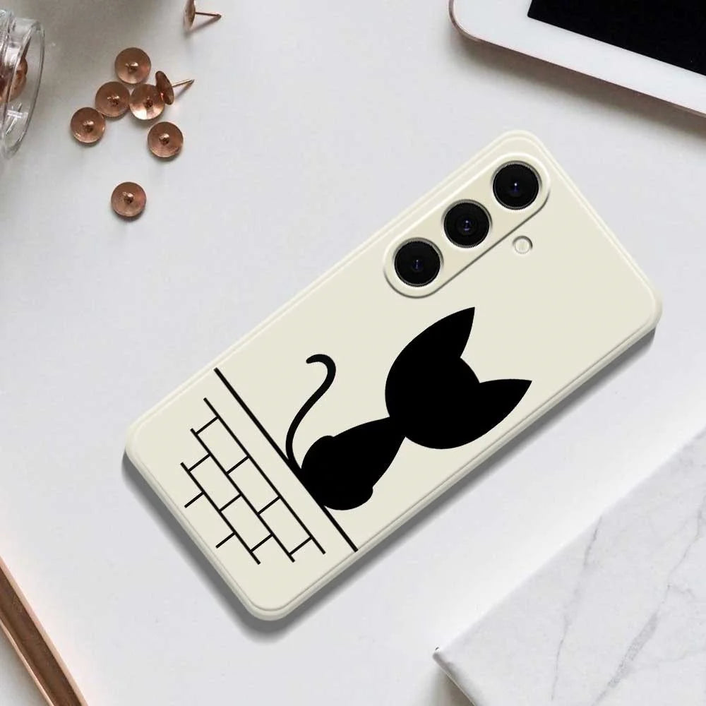 For Samsung Galaxy S25+ Case Black Cat on the Wall Pattern Printing Straight Edge TPU Phone Back Cover - Beige - 6