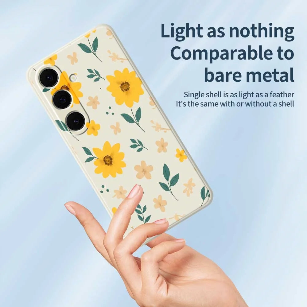 For Samsung Galaxy S25+ Case Yellow Floral and Leaves Pattern Printing Straight Edge TPU Phone Back Cover - Beige - 3