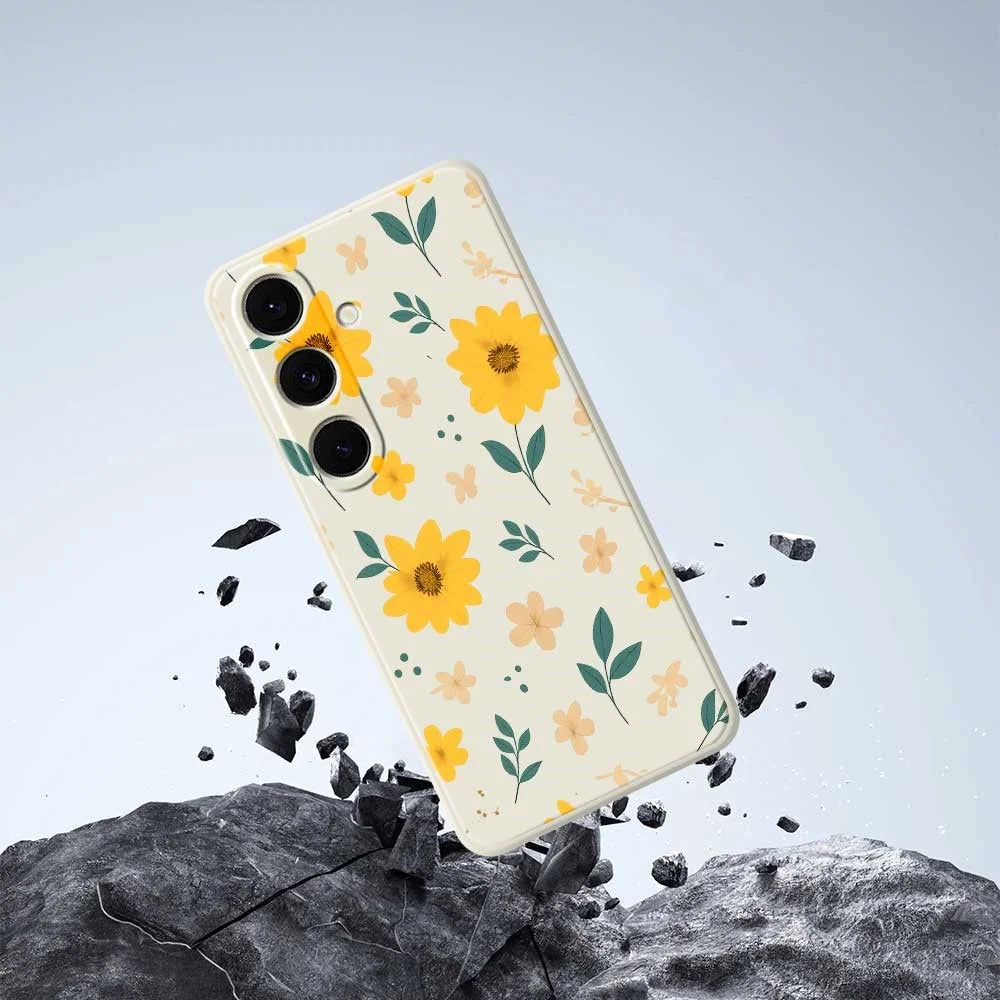 For Samsung Galaxy S25+ Case Yellow Floral and Leaves Pattern Printing Straight Edge TPU Phone Back Cover - Beige - 5
