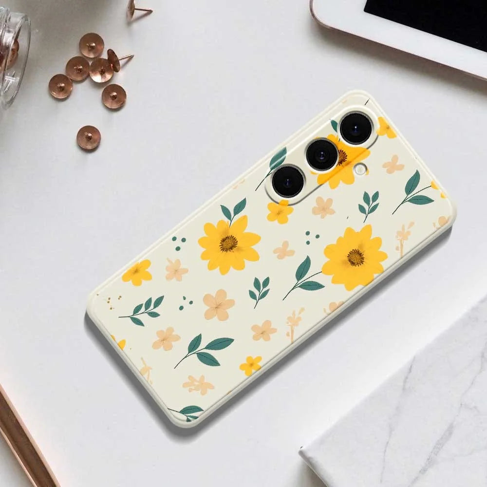 For Samsung Galaxy S25+ Case Yellow Floral and Leaves Pattern Printing Straight Edge TPU Phone Back Cover - Beige - 6