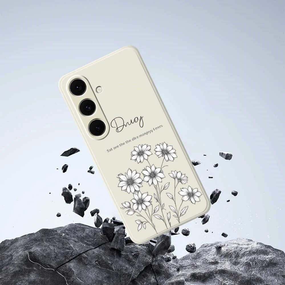 For Samsung Galaxy S25+ Case Sketch Flowers Pattern Printing Straight Edge TPU Phone Back Cover - Beige - 5