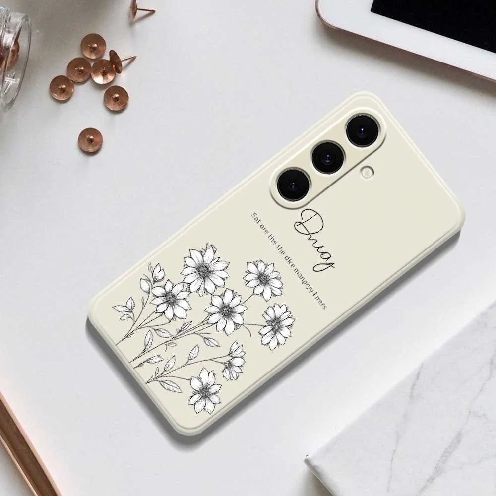 For Samsung Galaxy S25+ Case Sketch Flowers Pattern Printing Straight Edge TPU Phone Back Cover - Beige - 6