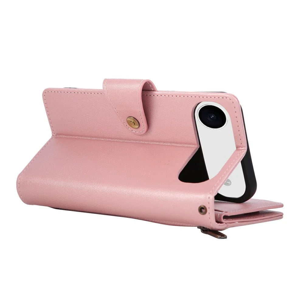 For iPhone Air Case Zipper Wallet Rivet Decor Leather Phone Cover with Wrist Strap - Rose Gold - 5