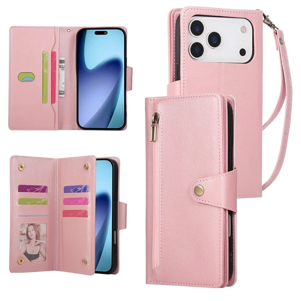 For iPhone 18 Pro Max / 17 Pro Max Case Zipper Wallet Rivet Decor Leather Phone Cover with Wrist Strap - Rose Gold - 1