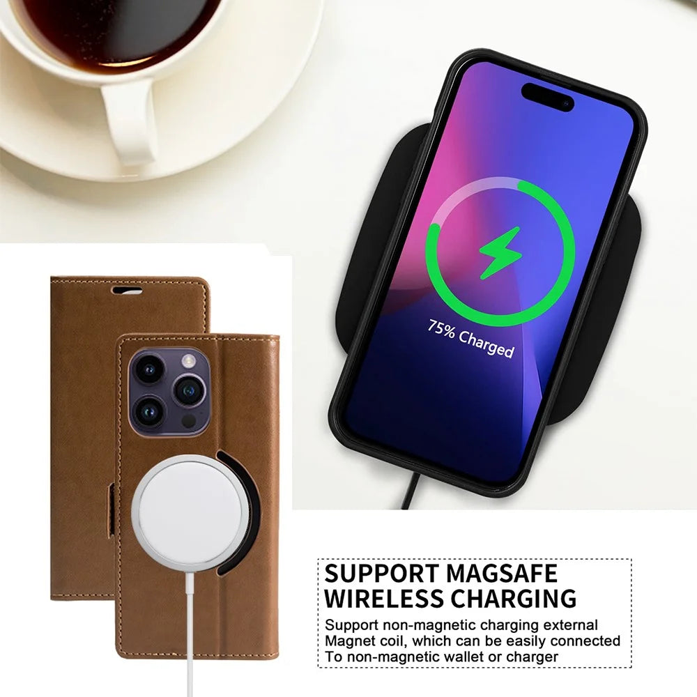 For iPhone 15 Pro Max Case Compatible with MagSafe Wallet Stand Leather Flip Phone Cover - Dark Brown - 4