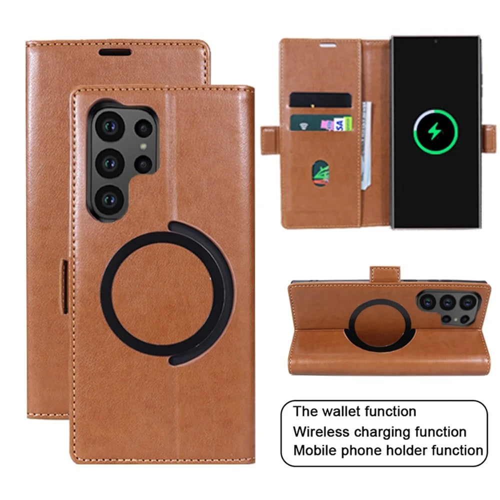 For Samsung Galaxy S25 Ultra Magnetic Case Wallet Stand Leather Flip Phone Cover - Dark Brown - 3