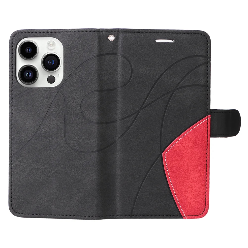 For iPhone 15 Pro Leather Phone Case Stand Wallet with Bi-colour Splicing Design - Black - 3