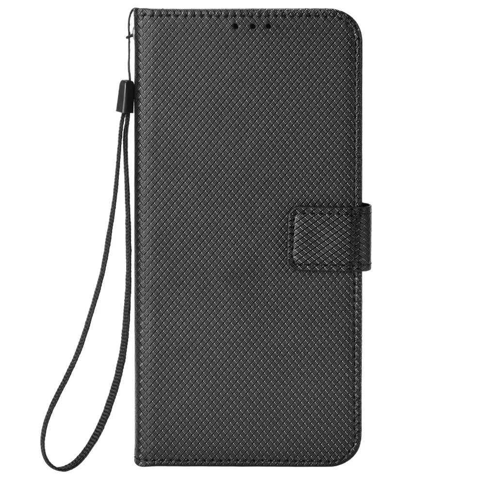 For Fairphone 6 Leather Wallet Case with Strap Diamond Texture Phone Cover - Black - 4