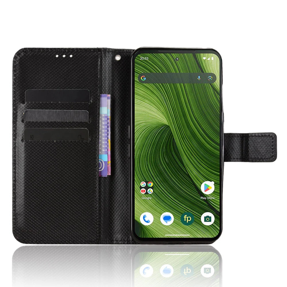 For Fairphone 6 Leather Wallet Case with Strap Diamond Texture Phone Cover - Black - 6