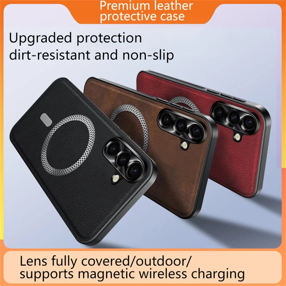 For Samsung Galaxy A56 5G Magnetic Case PU TPU PC Phone Back Cover with Metal Lens Frame - Green - 7