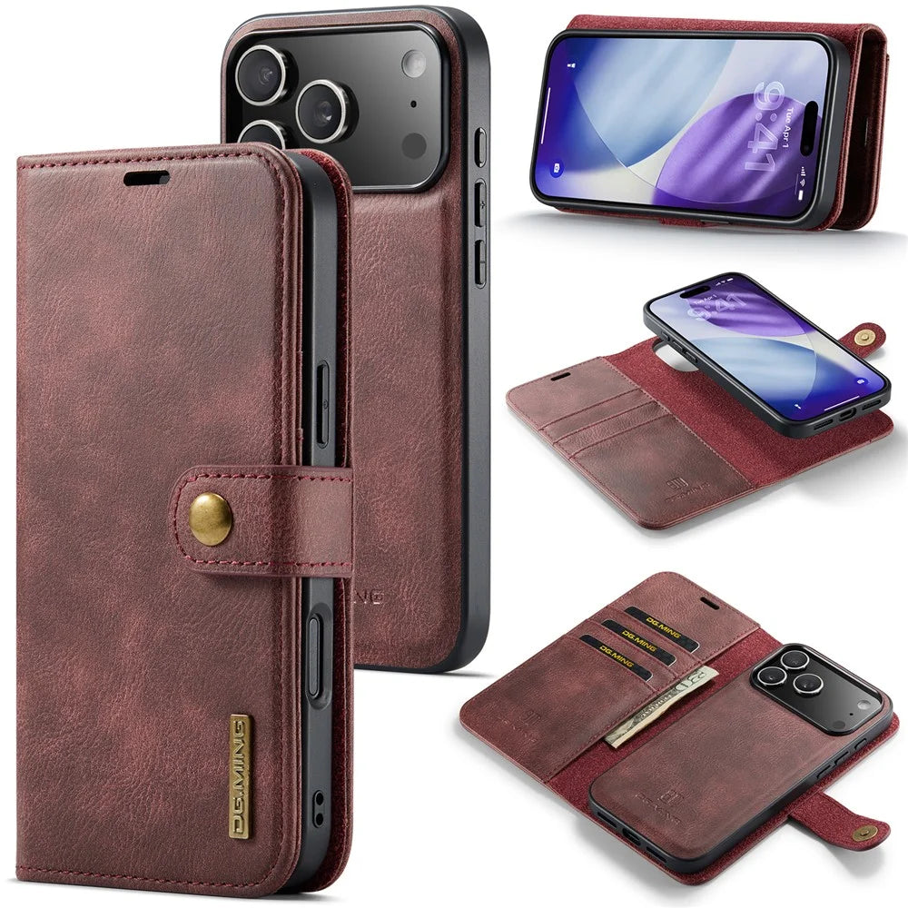 DG.MING for iPhone 18 Pro / 17 Pro Case Detachable Split Leather Phone Cover - Red - 1