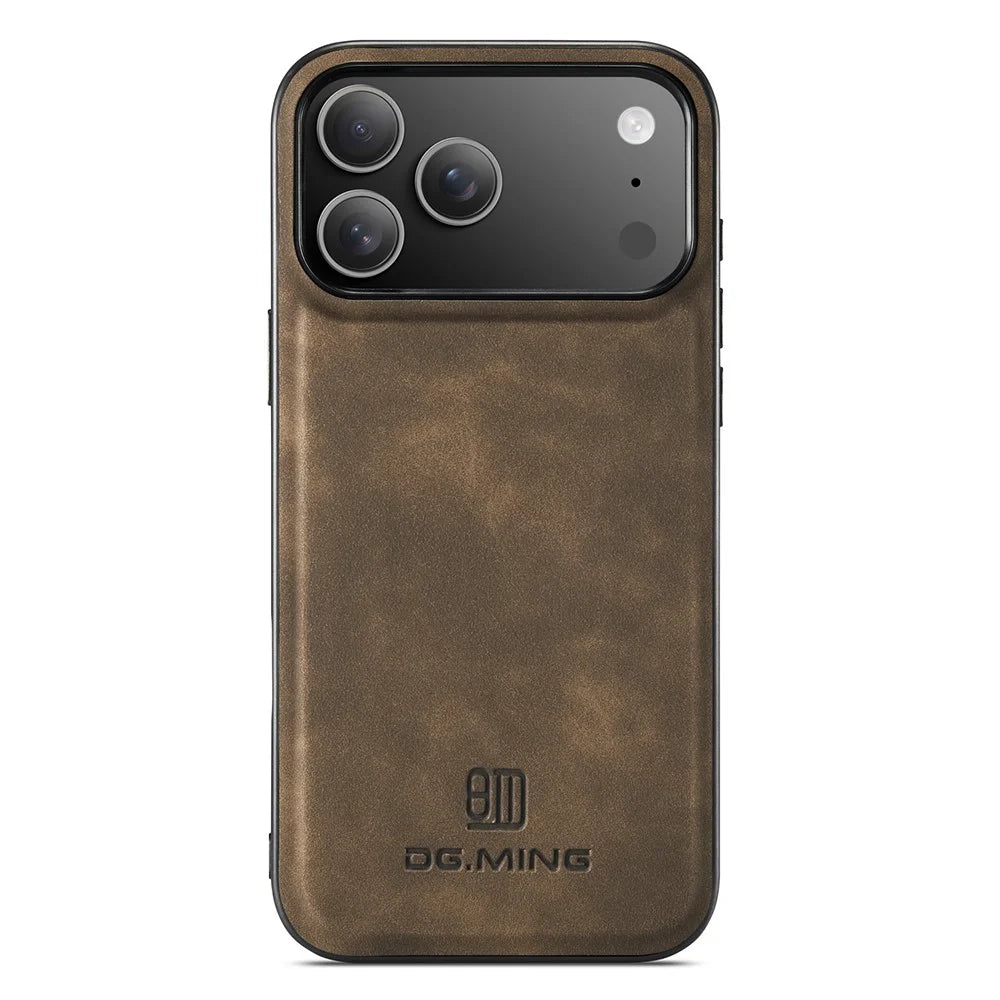DG.MING For iPhone 18 Pro Max / 17 Pro Max Case PU Leather Covered PC + TPU Hybrid Phone Shell - Coffee - 1
