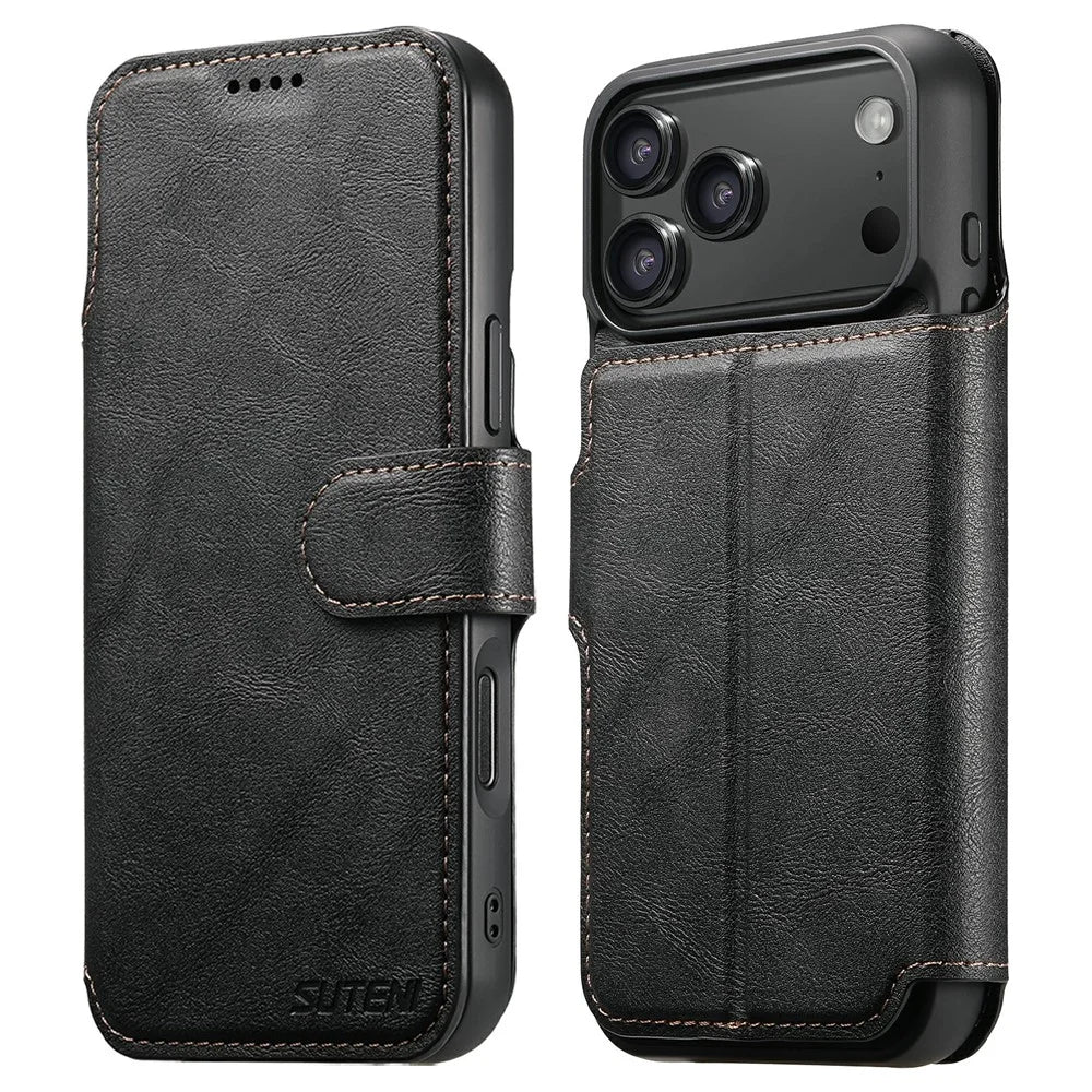 SUTENI Q-05 For iPhone 17 Pro Max Wallet Case 2 in 1 Detachable Leather Flip Phone Cover with Stand - Black - 1