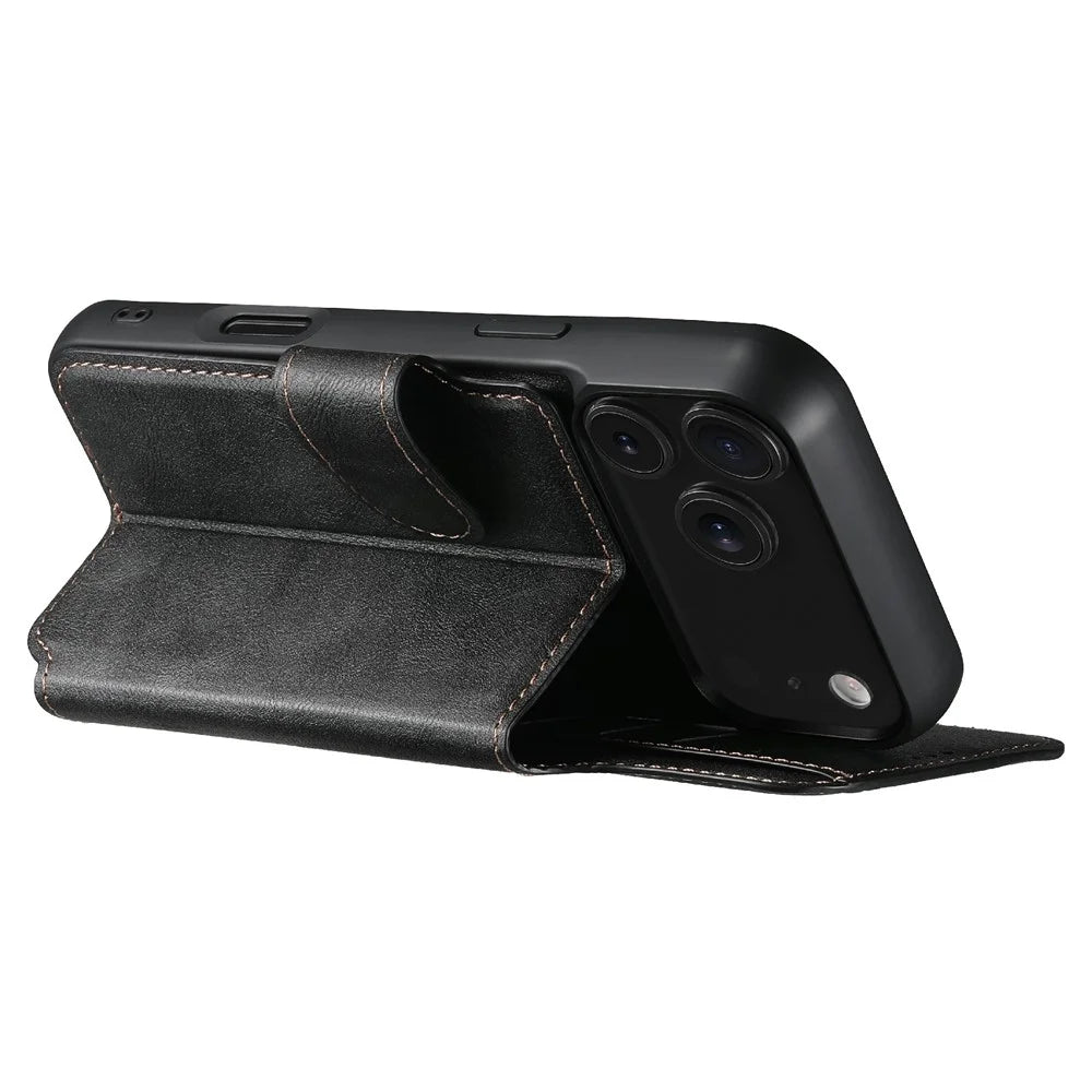 SUTENI Q-05 For iPhone 17 Pro Wallet Case 2 in 1 Detachable Leather Flip Phone Cover with Stand - Black - 3