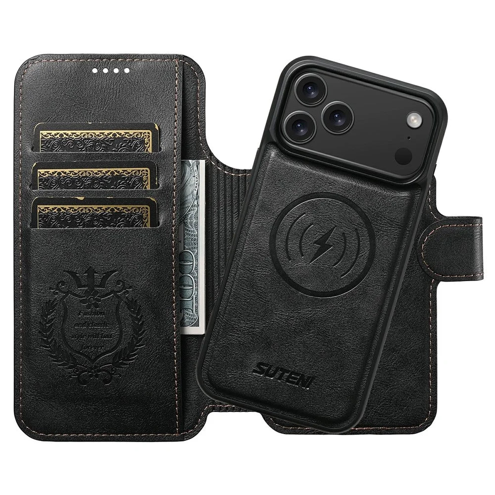 SUTENI Q-05 For iPhone 17 Pro Wallet Case 2 in 1 Detachable Leather Flip Phone Cover with Stand - Black - 4
