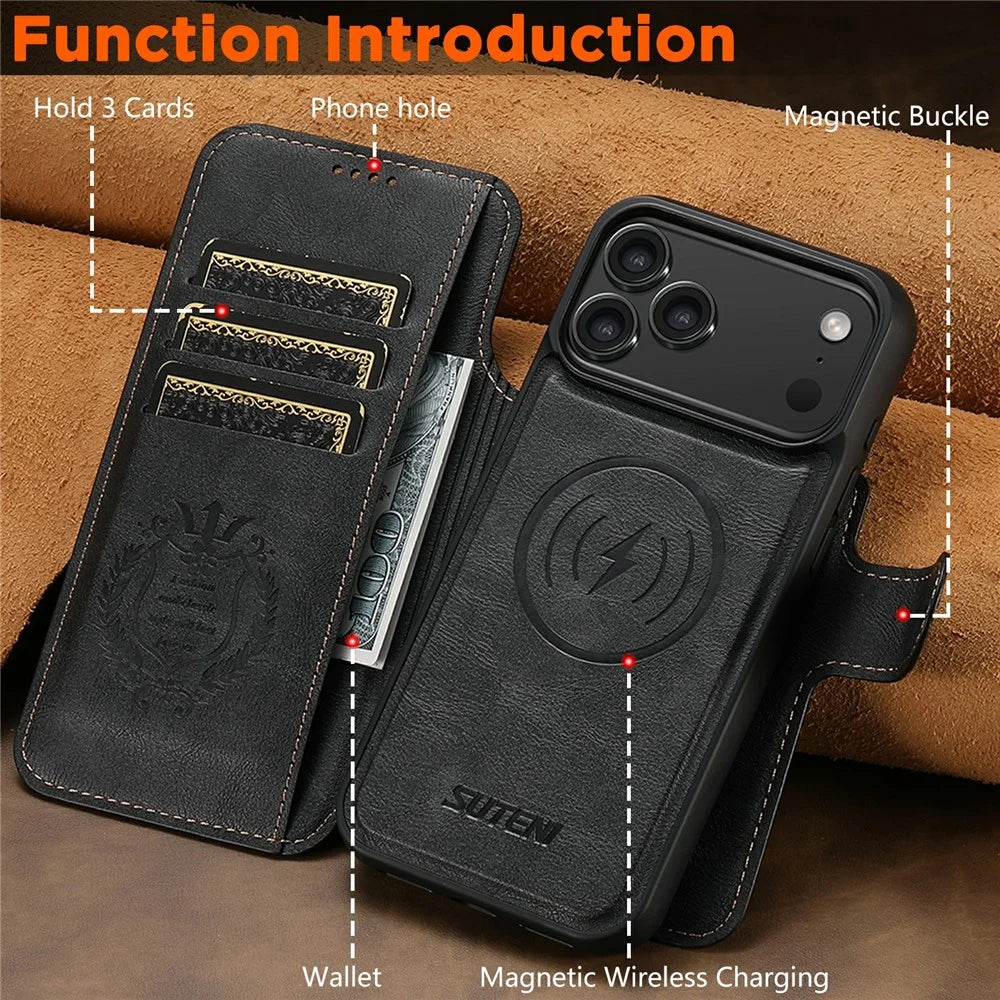 SUTENI Q-05 For iPhone 17 Pro Wallet Case 2 in 1 Detachable Leather Flip Phone Cover with Stand - Black - 7
