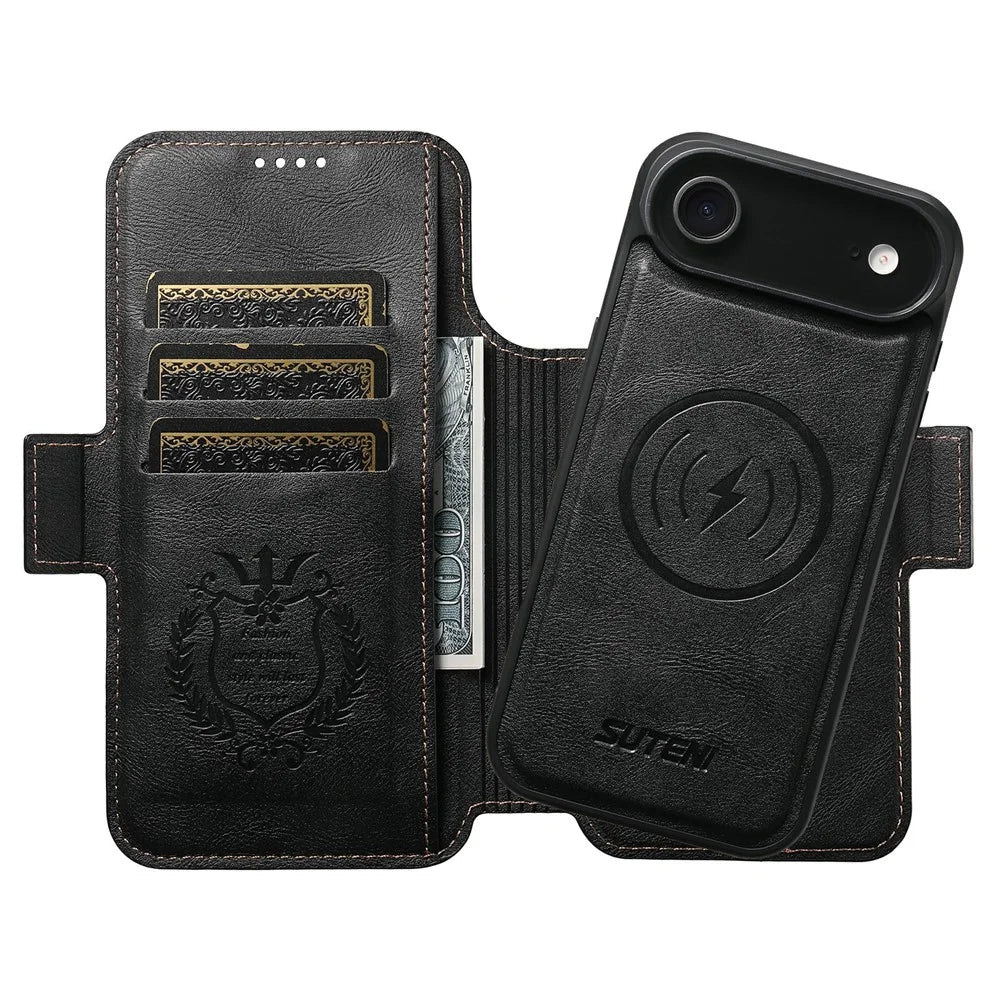 SUTENI Q-07 For iPhone Air Case Magnetic Color Splicing Cowhide Texture Leather Cover - Black - 3