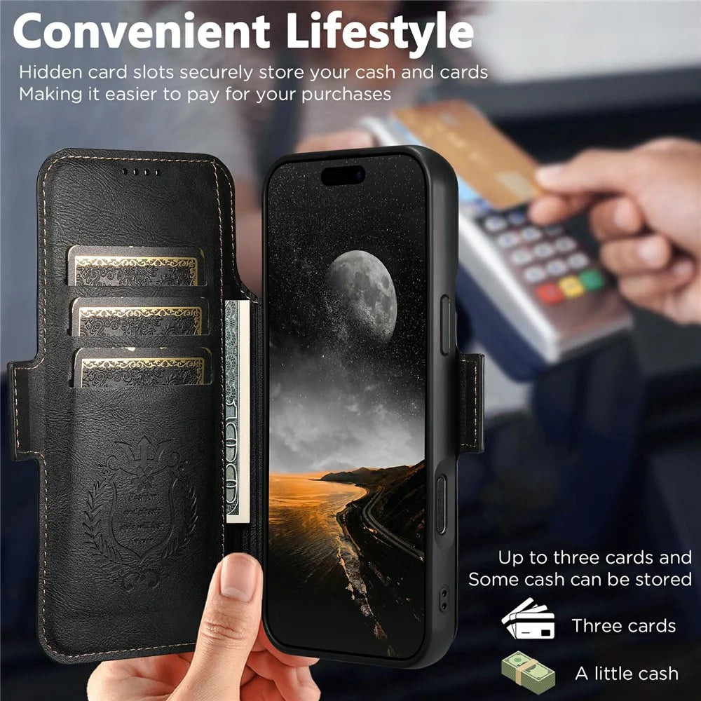 SUTENI Q-07 For iPhone Air Case Magnetic Color Splicing Cowhide Texture Leather Cover - Black - 4