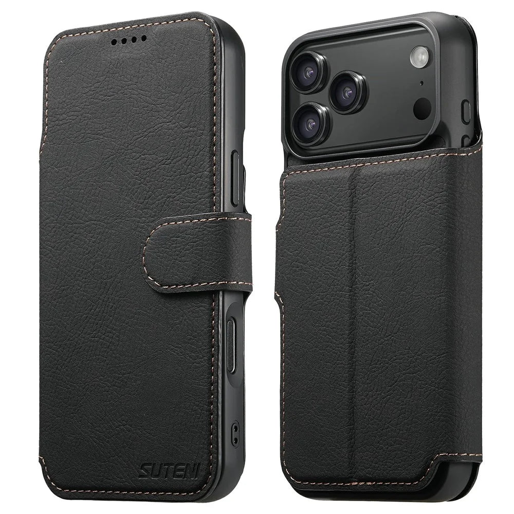 SUTENI Q-05 For iPhone 17 Pro Case Detachable Wallet Stand Litchi Texture Leather Flip Phone Cover - Black - 1