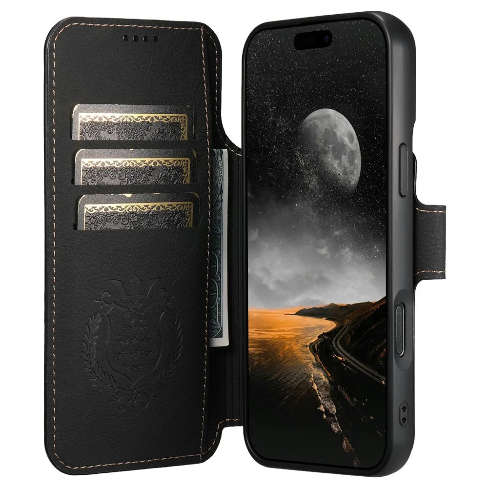 SUTENI Q-05 For iPhone 17 Pro Case Detachable Wallet Stand Litchi Texture Leather Flip Phone Cover - Black - 2