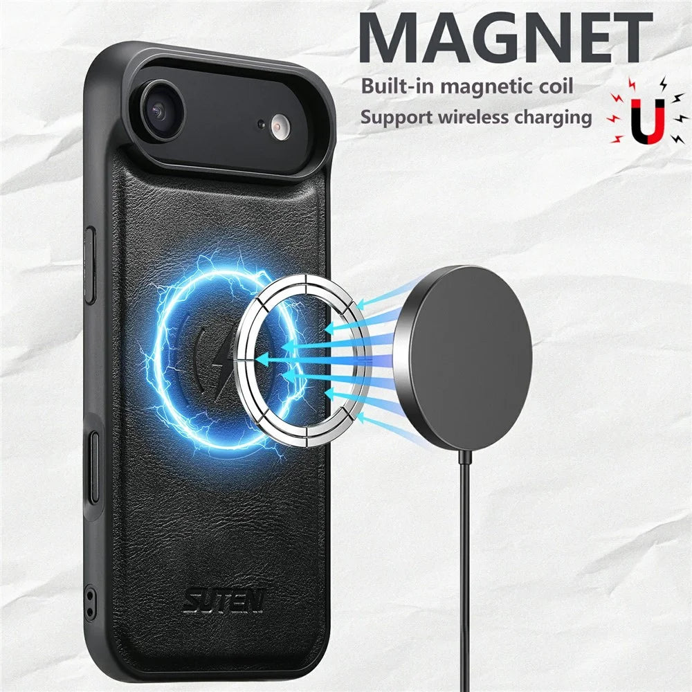 SUTENI G5 For iPhone Air Case Compatible with MagSafe Cowhide Texture Leather Back Cover - Black - 3