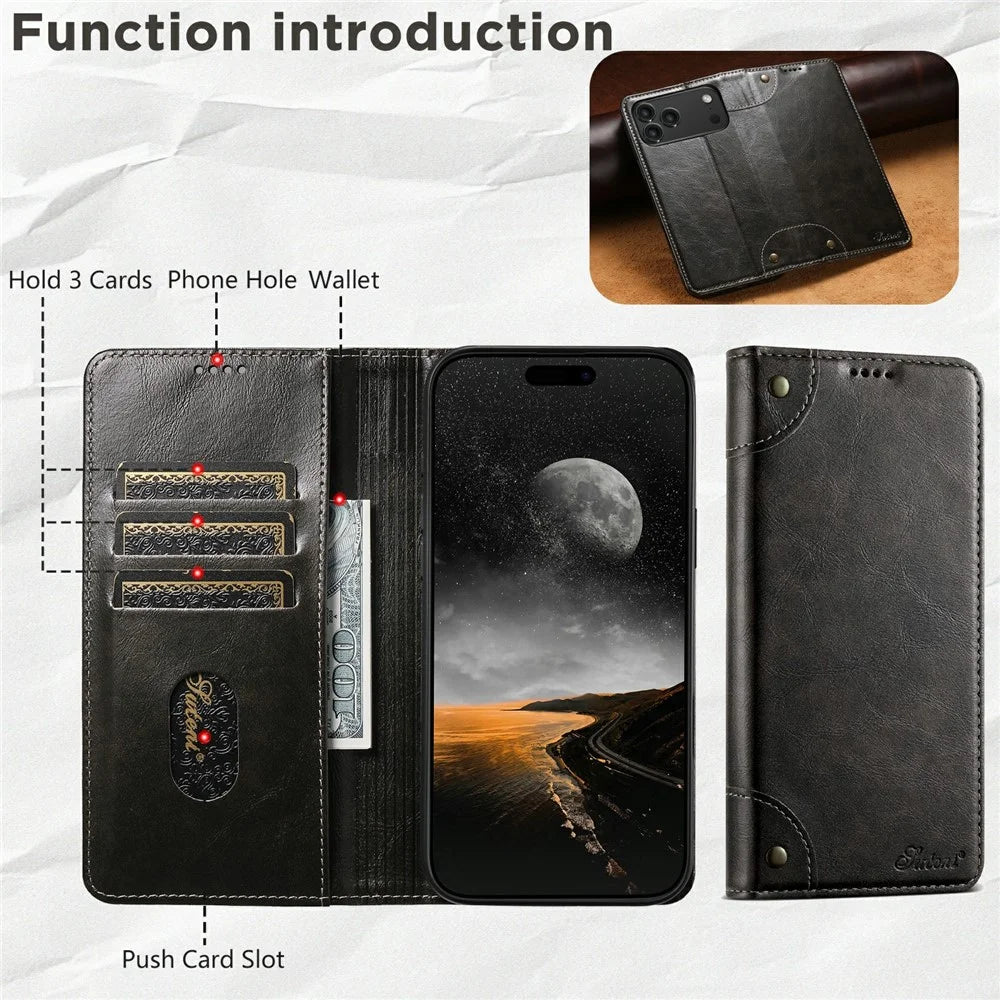 SUTENI For iPhone 17 Pro Max Case PU Leather Stand Wallet Phone Cover - Black - 2