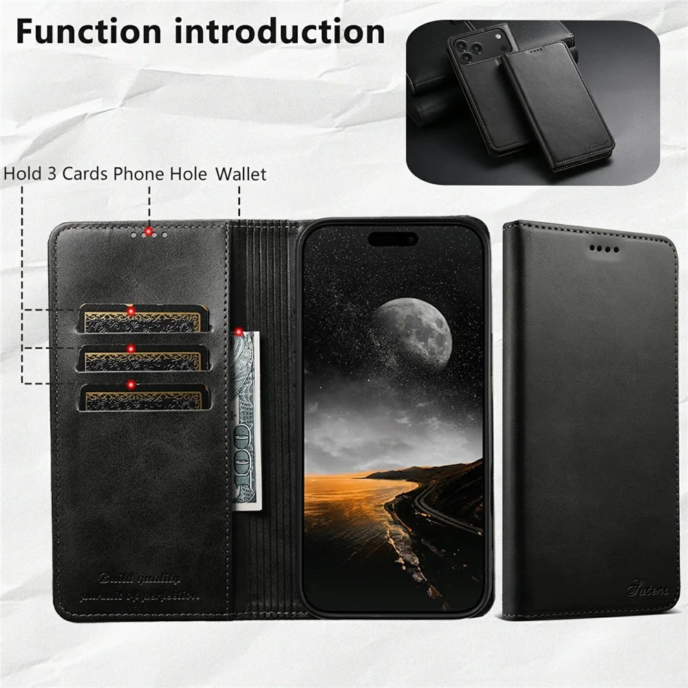 SUTENI For iPhone 17 Pro Case PU Leather Wallet Stand Magnetic Closing Phone Cover - Black - 5