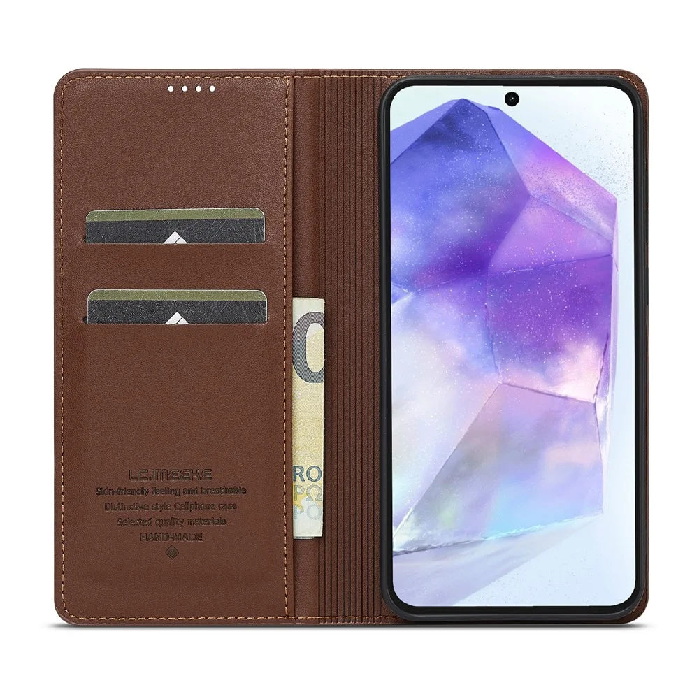 LC.IMEEKE L1 Series for Samsung Galaxy S25 FE Case PU Leather Wallet Stand Protective Phone Cover - Brown - 2