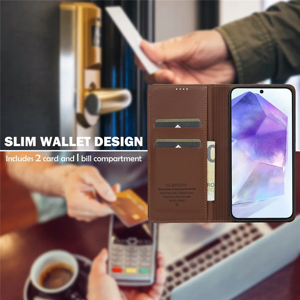 LC.IMEEKE L1 Series for Samsung Galaxy S25 FE Case PU Leather Wallet Stand Protective Phone Cover - Brown - 5