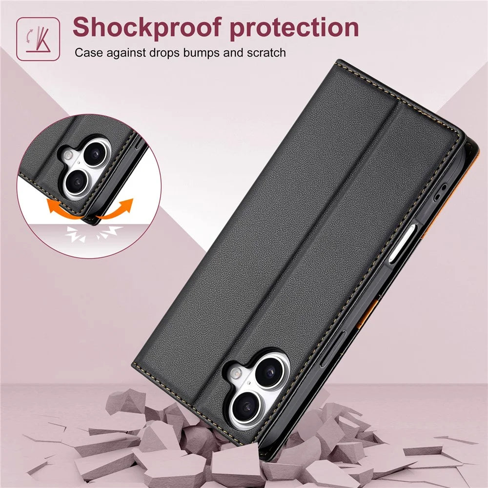 N.BEKUS P3 For iPhone 17 Case RFID Blocking Wallet Stand PU Leather Flip Phone Cover - Black - 6