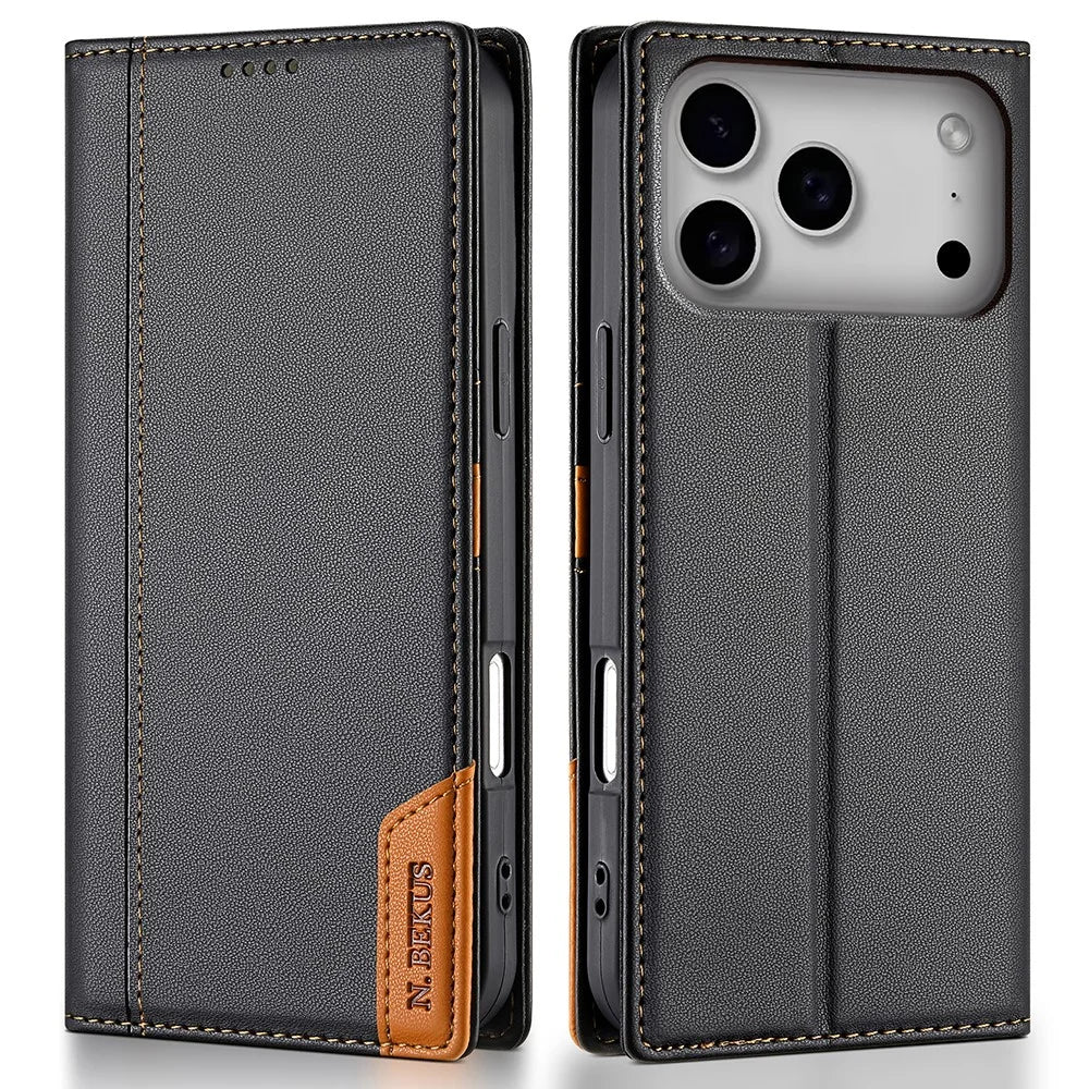 N.BEKUS P3 For iPhone 18 Pro / 17 Pro Case RFID Blocking Wallet Stand PU Leather Flip Phone Cover - Black - 1