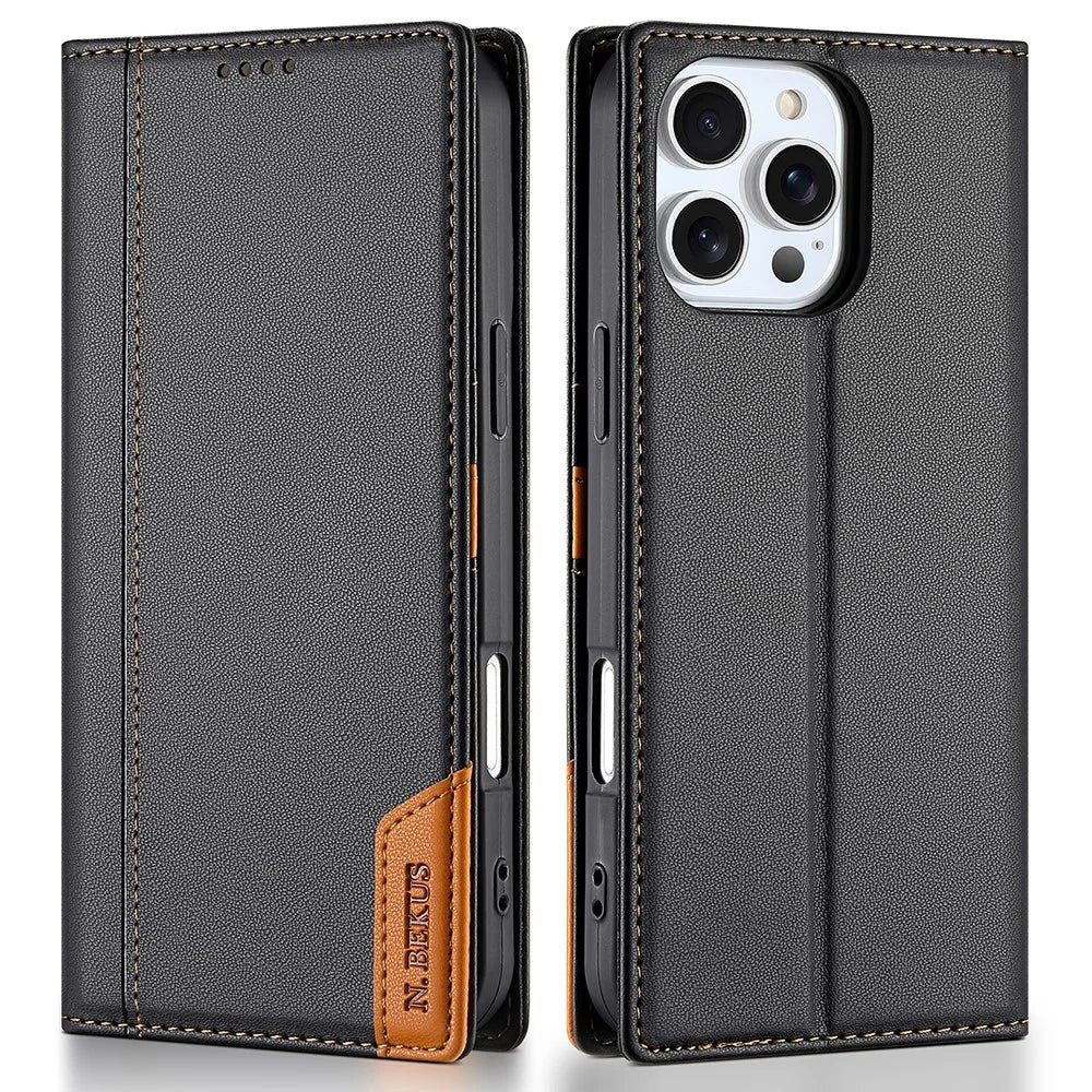 N.BEKUS P3 For iPhone 16 Pro Max Case RFID Blocking Wallet Stand PU Leather Flip Phone Cover - Black - 1
