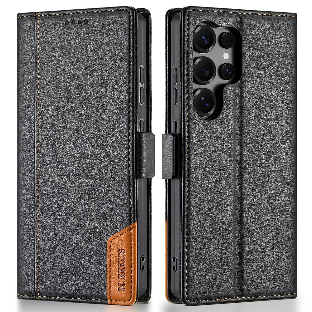 N.BEKUS P3 For Samsung Galaxy S25 Ultra Case RFID Blocking Wallet Stand PU Leather Flip Phone Cover - Black - 1