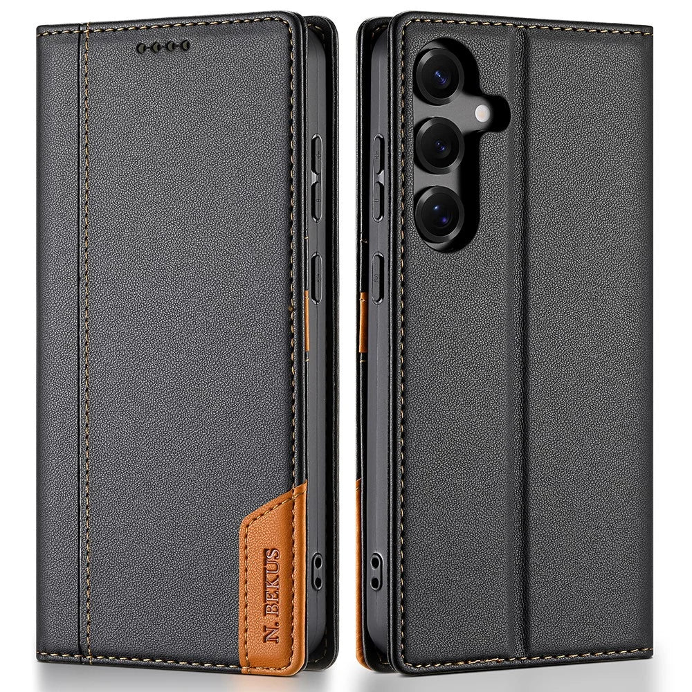 N.BEKUS P3 For Samsung Galaxy S24 FE Case RFID Blocking Wallet Stand PU Leather Flip Phone Cover - Black - 1