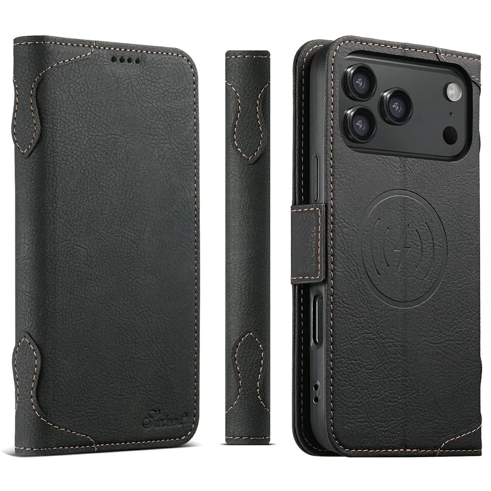 SUTENI J07 For iPhone 17 Pro Max Case Compatible with MagSafe Litchi Texture Leather Wallet Phone Cover - Black - 1
