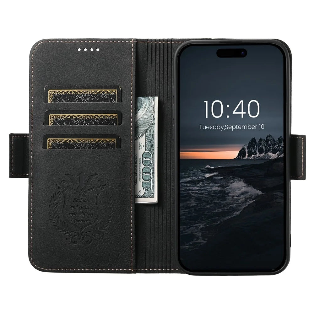 SUTENI J07 For iPhone 17 Pro Case Compatible with MagSafe Litchi Texture Leather Wallet Phone Cover - Black - 2