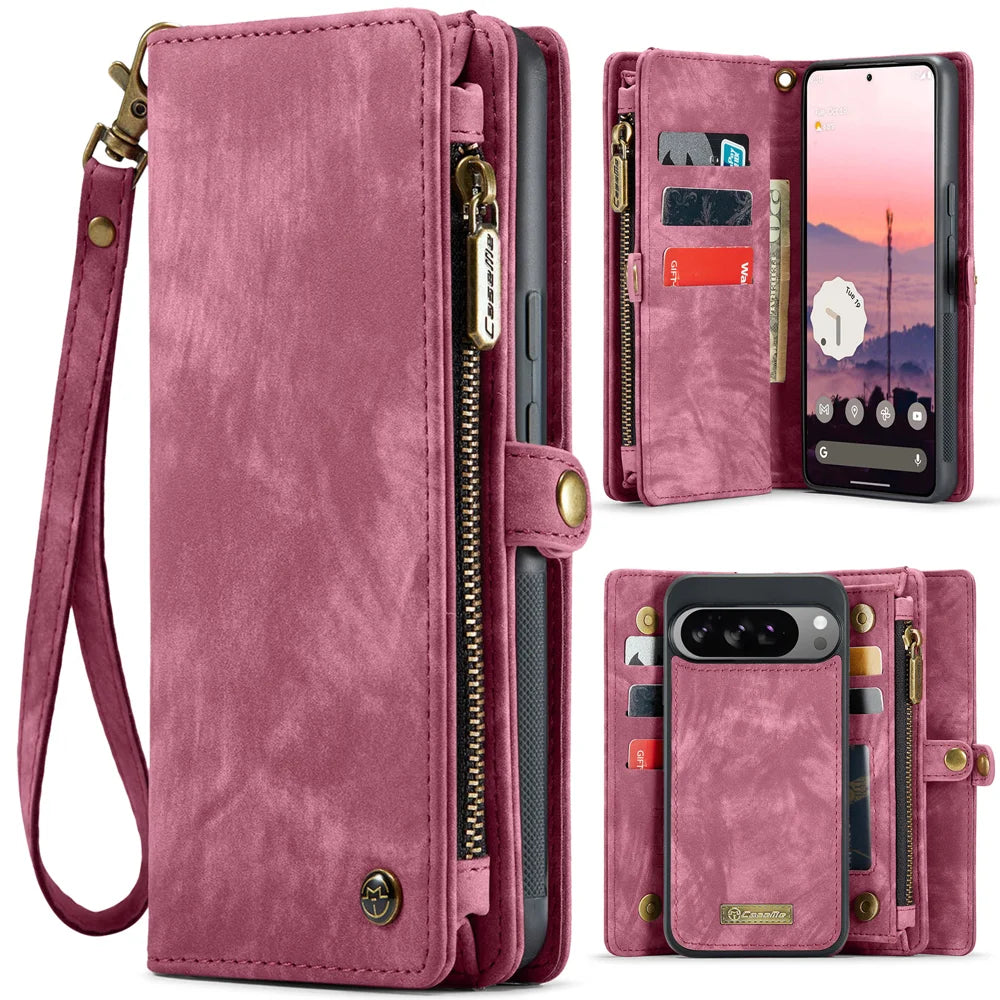 CASEME For Google Pixel 10 Pro XL Phone Cases  008 Leather Cover with Detachable Wallet and Strap - Red - 1