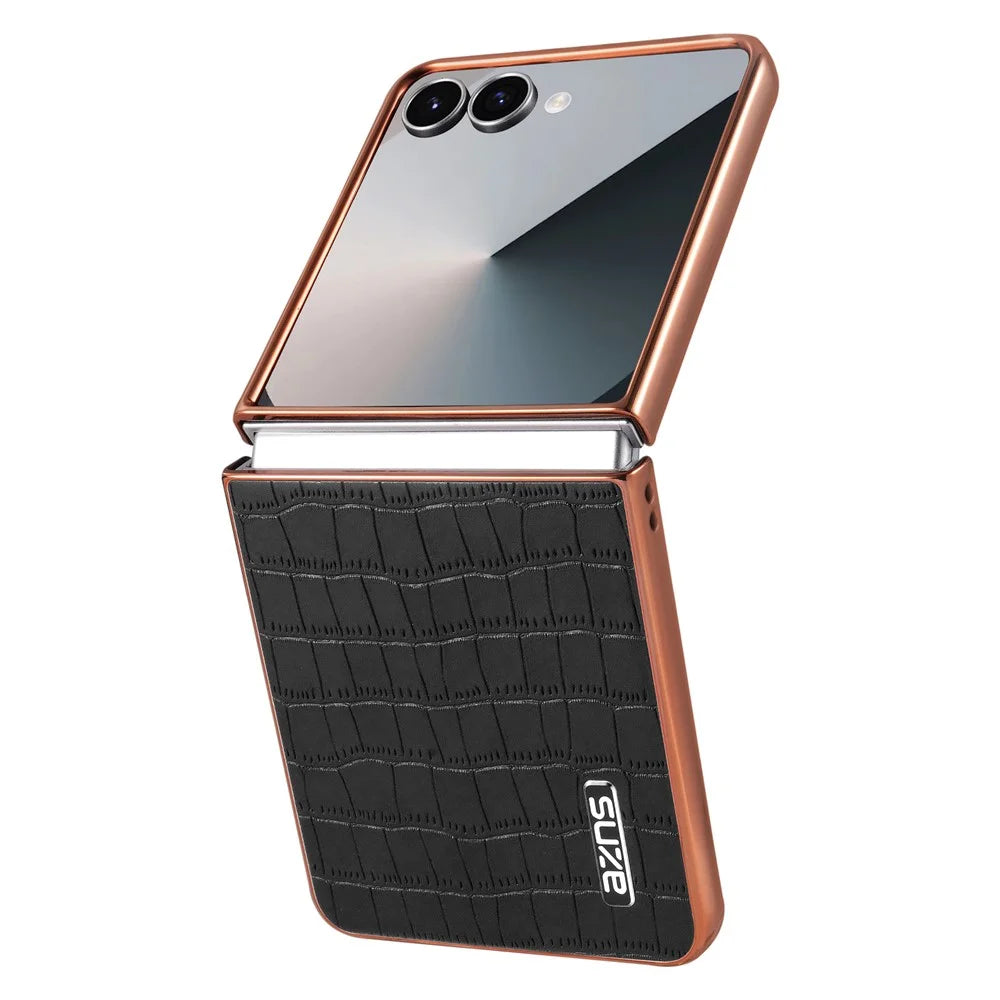 AZNS For Samsung Galaxy Z Flip7 5G Case Electroplating Crocodile Texture PU + PC Phone Cover - Black - 3