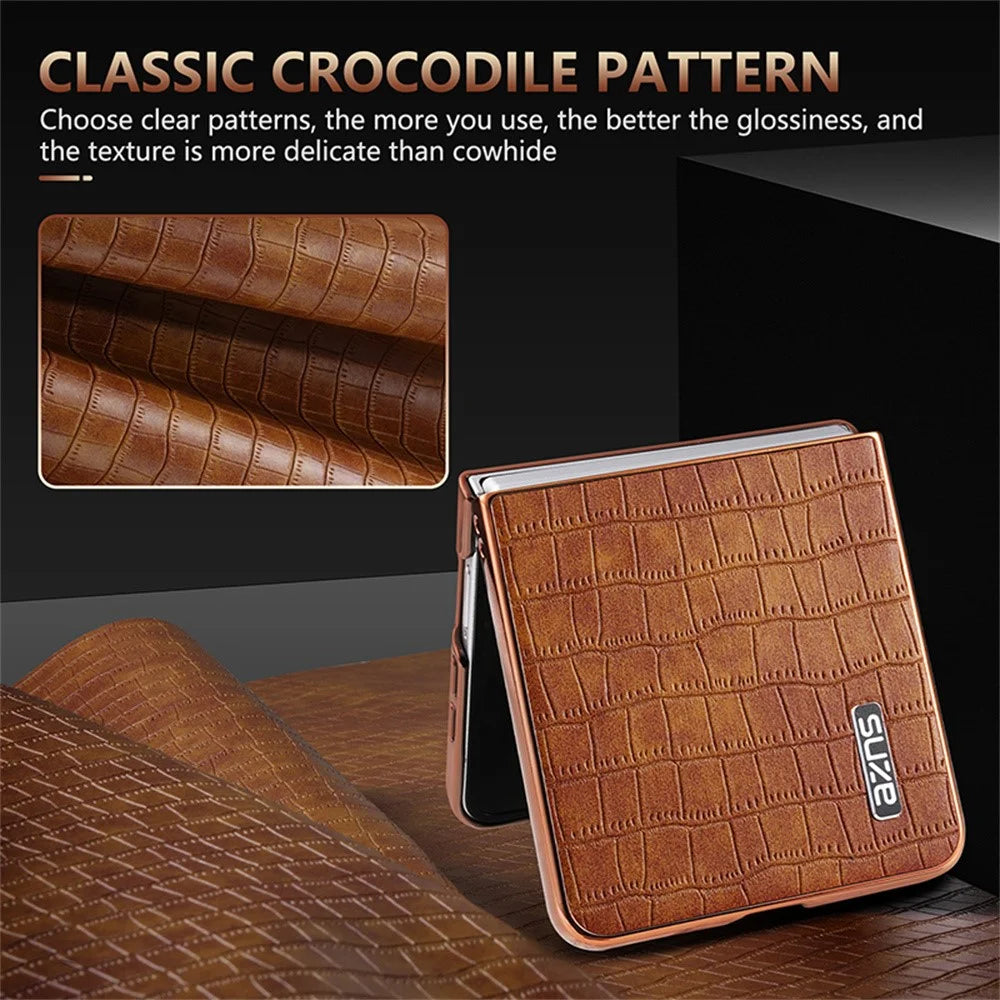 AZNS For Samsung Galaxy Z Flip7 5G Case Electroplating Crocodile Texture PU + PC Phone Cover - Black - 7