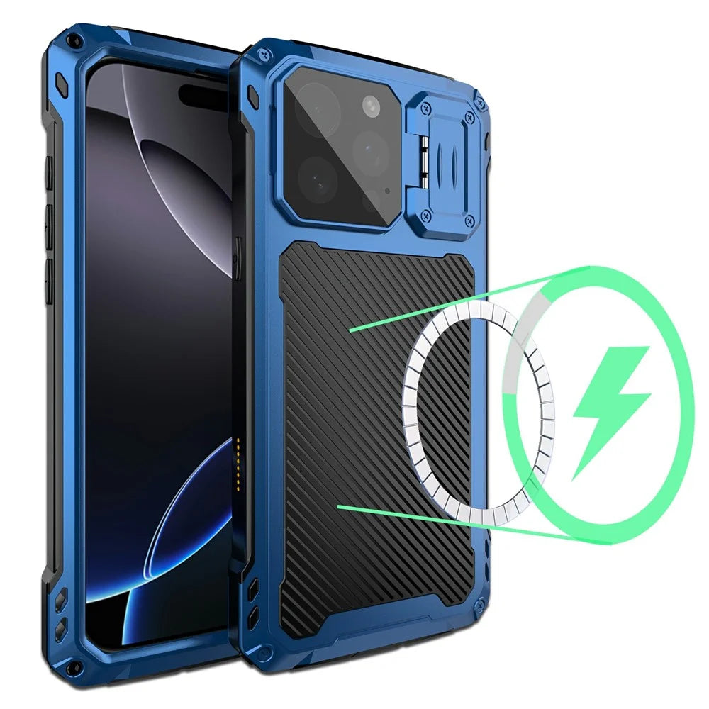 For iPhone 16 Pro Max Case Aluminum Alloy + Silicone Lens Kickstand Phone Cover with Tempered Glass Film - Blue - 2
