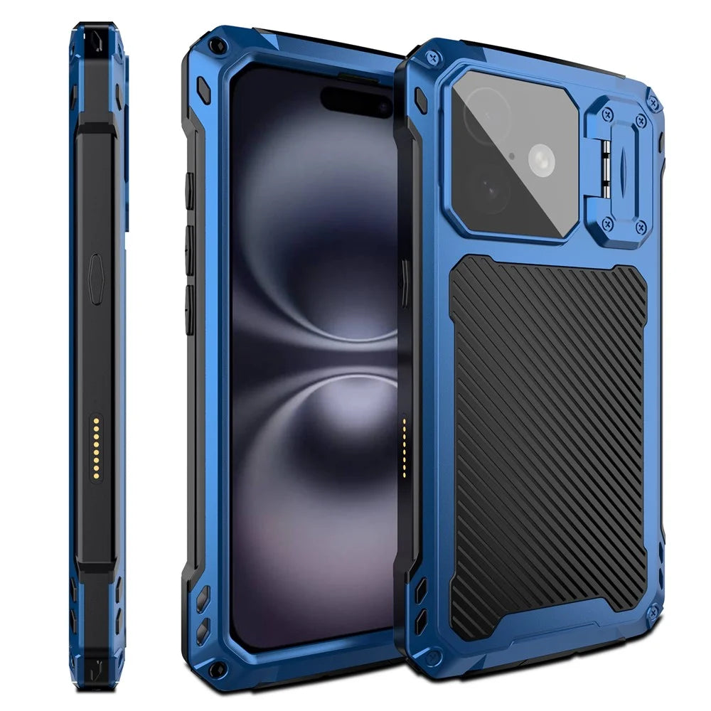 For iPhone 16 Case Aluminum Alloy + Silicone Lens Kickstand Phone Cover with Tempered Glass Film - Blue - 1