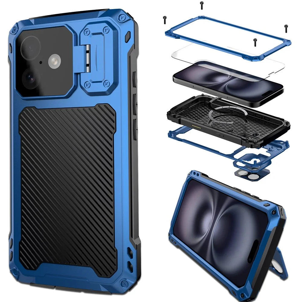 For iPhone 16 Case Aluminum Alloy + Silicone Lens Kickstand Phone Cover with Tempered Glass Film - Blue - 2