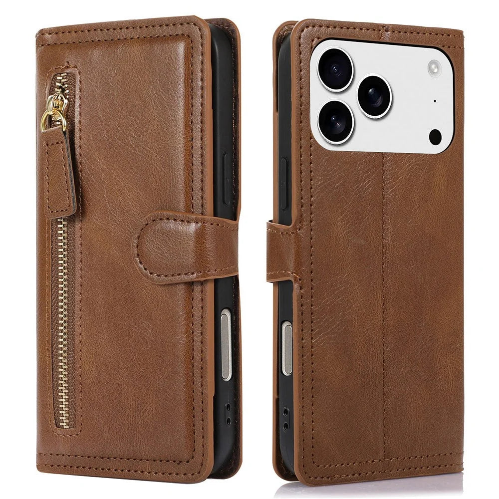 For iPhone 18 Pro Max / 17 Pro Max Case Zipper Flip Leather Phone Cover with Card Holder - Brown - 1