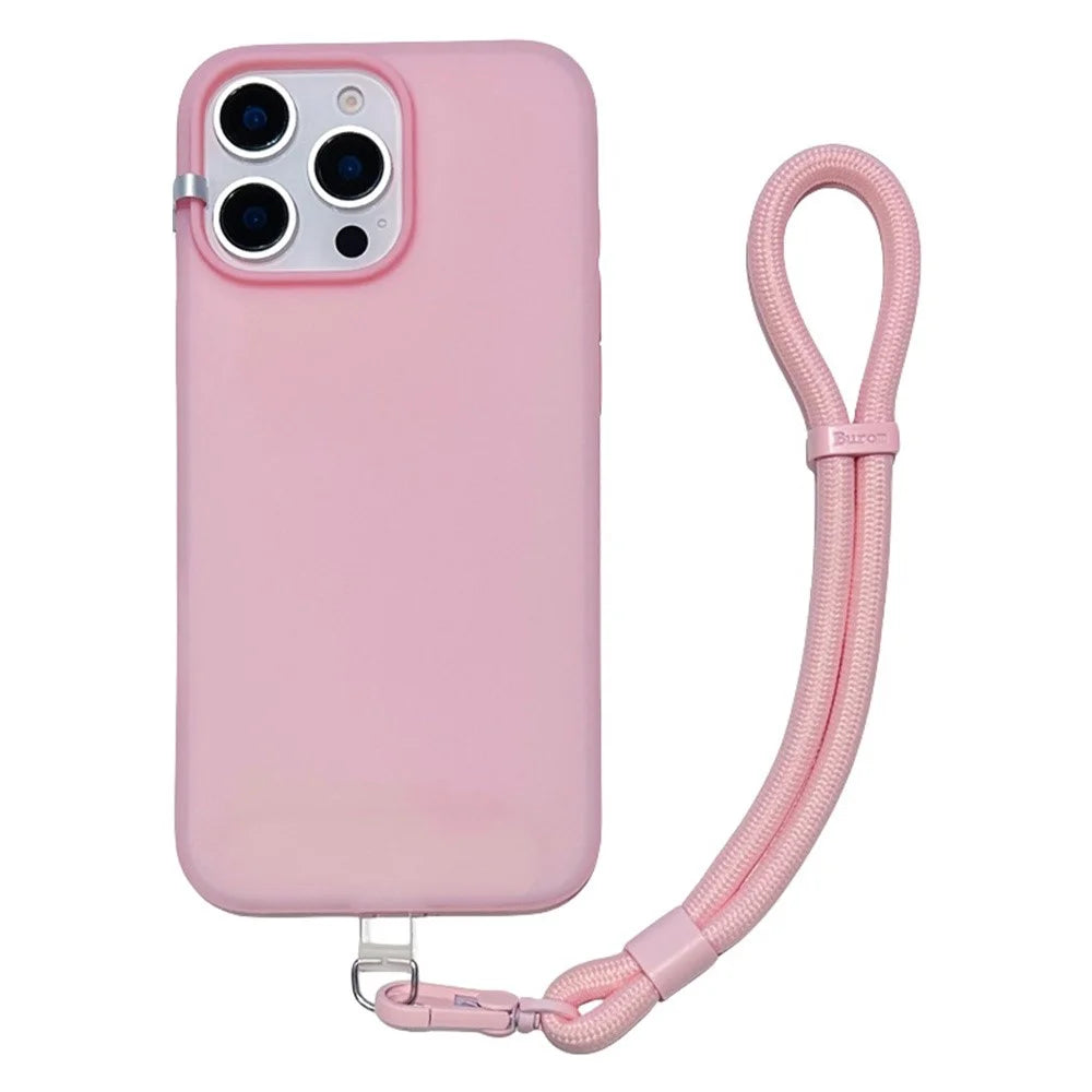For iPhone 14 Pro Case Ice-Transparent Liquid Silicone + PC Phone Cover with Wrist Strap - Pink - 1