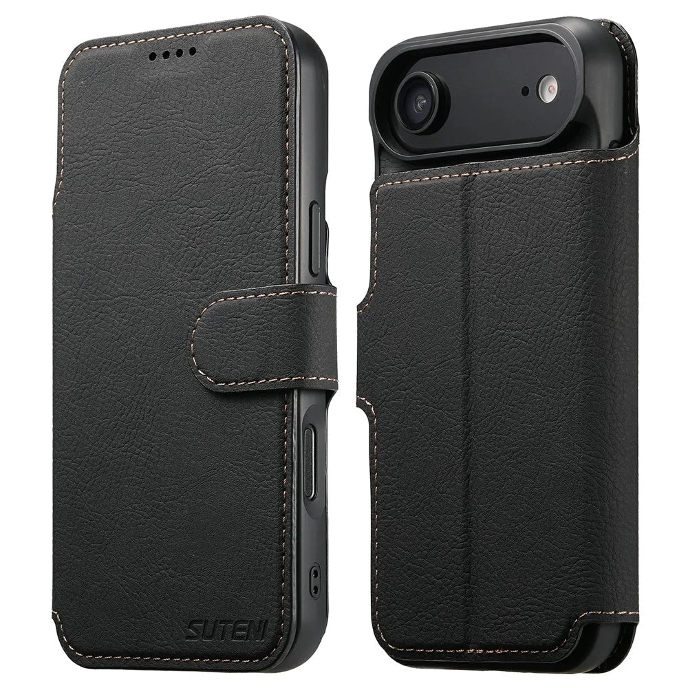 SUTENI Q-05 For iPhone Air Case Detachable Wallet Stand Litchi Texture Leather Flip Phone Cover - Black - 1