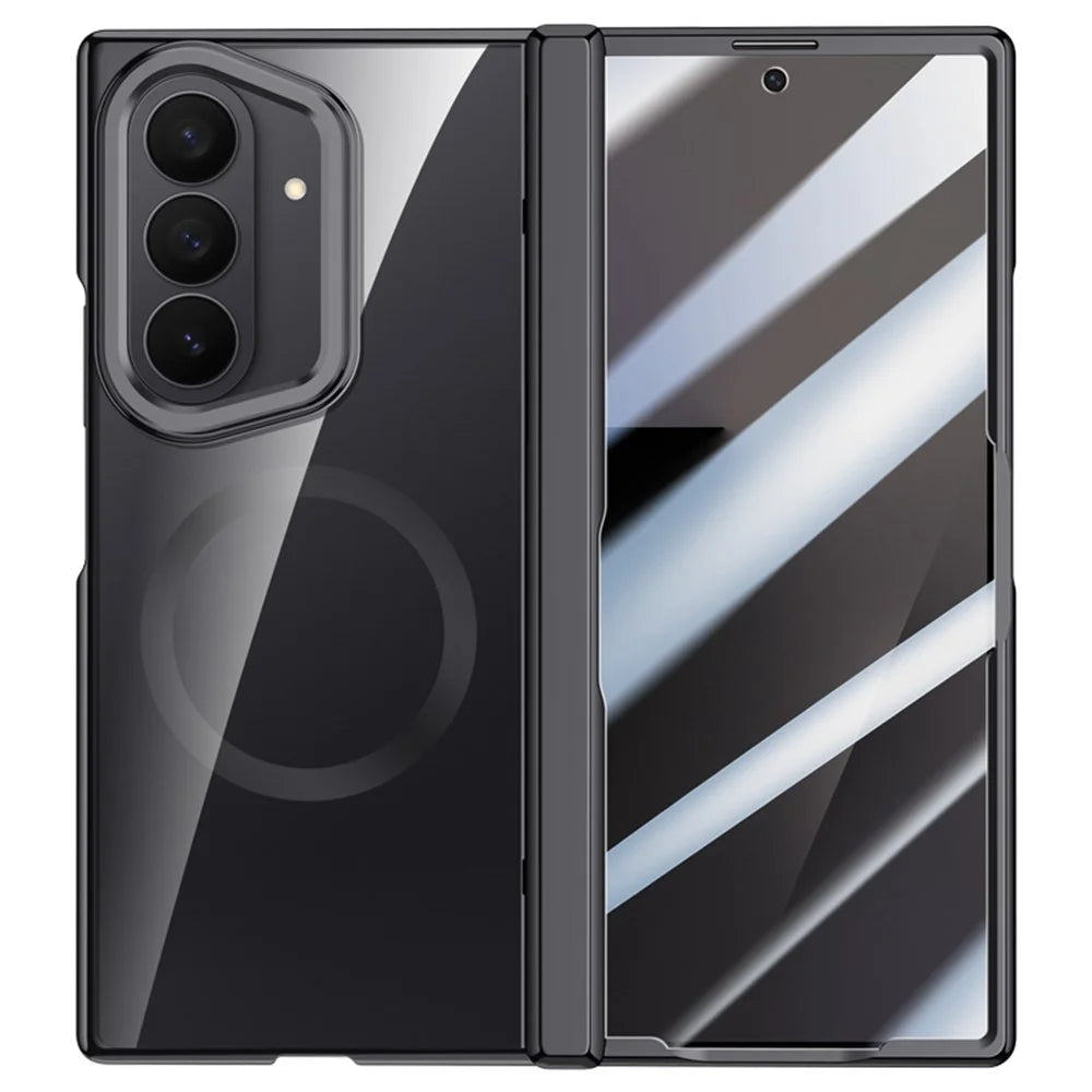 For Samsung Galaxy Z Fold7 5G Magnetic Case PC + Acrylic Phone Cover with HD Tempered Glass Film, Lens Kickstand - Black - 1