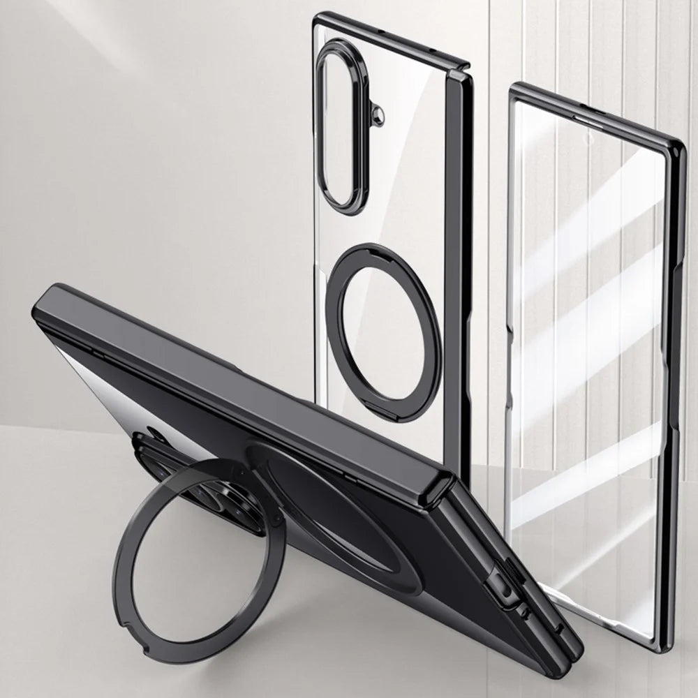 For Samsung Galaxy Z Fold7 5G Case Magnetic Case Kickstand Electroplated PC Phone Cover with Screen Protector - Black - 2